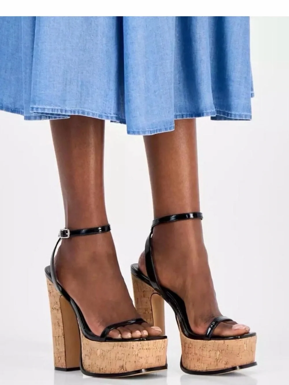 Black Patent Cork Platform Sandals with Ankle Strap